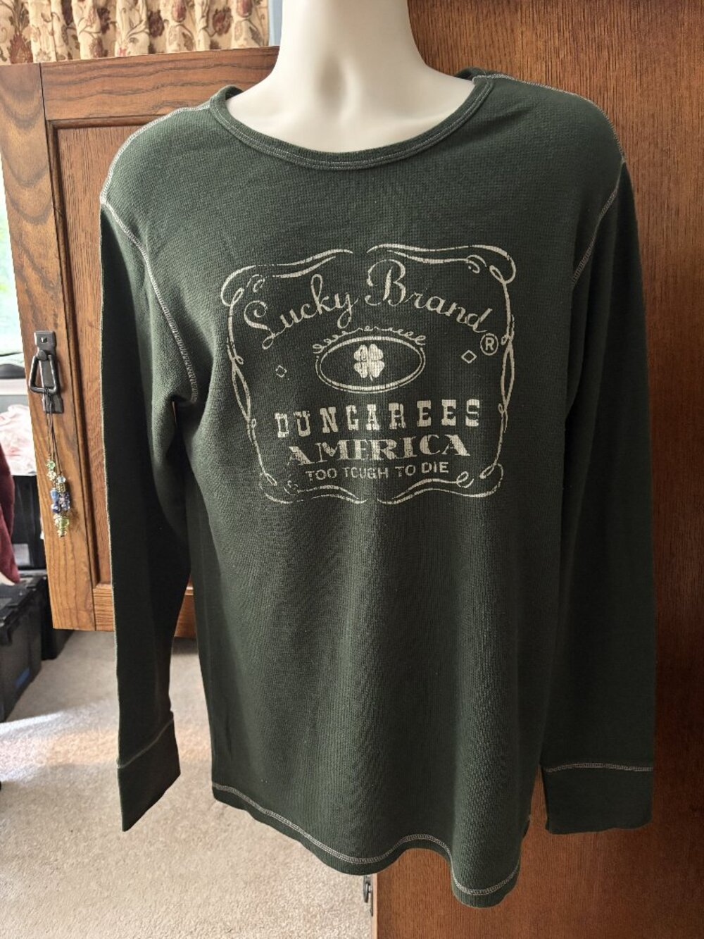 Lucky Brand Dungarees America Thermal Top Women's Large Green Waffle Knit Long S